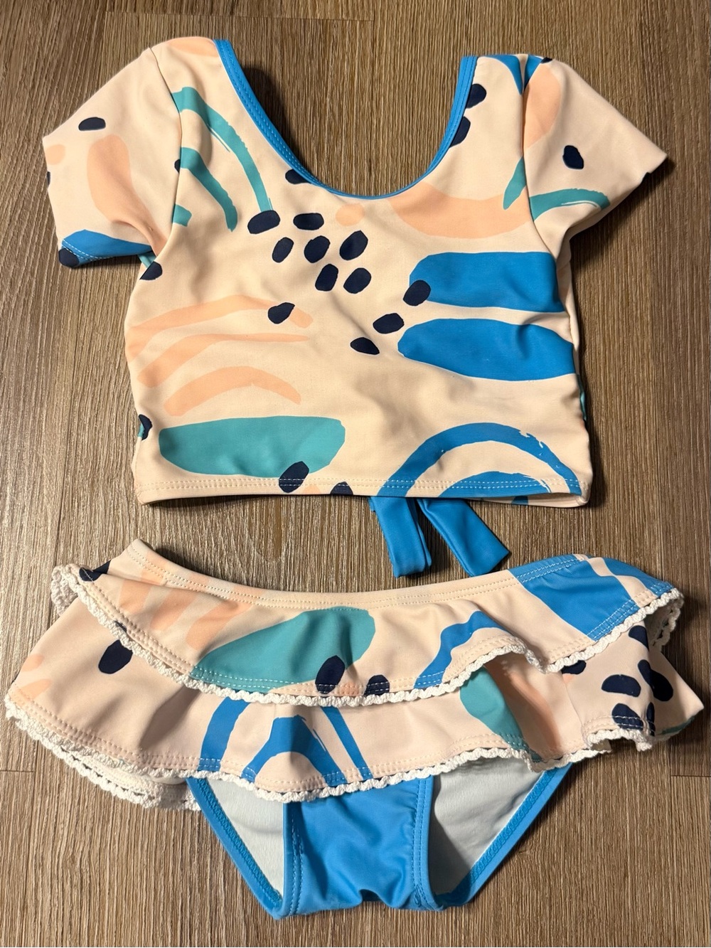 Blueberry Bay Girls Abstract Print Two Piece Swimsuit Peach Blue Size 4T